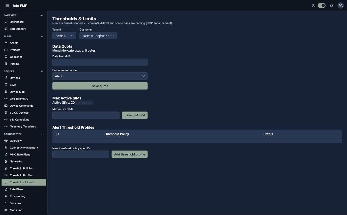 Thresholds and limits: data quota with enforcement mode, maximum active SIMs and alert threshold profiles
